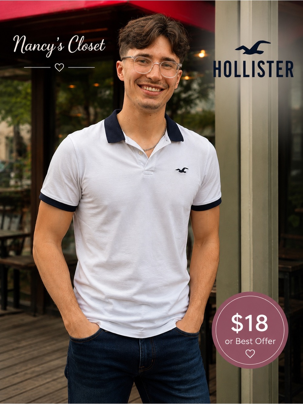 Hollister Men's White Polo with Navy Trim